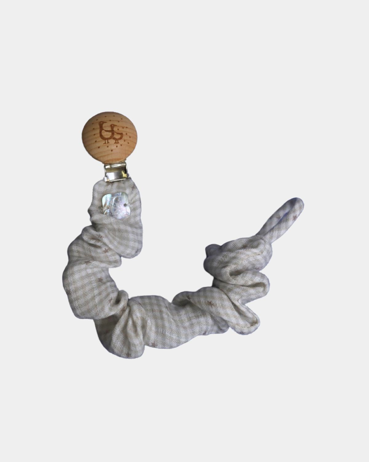 Ciuccio con clip a quadretti beige e stella