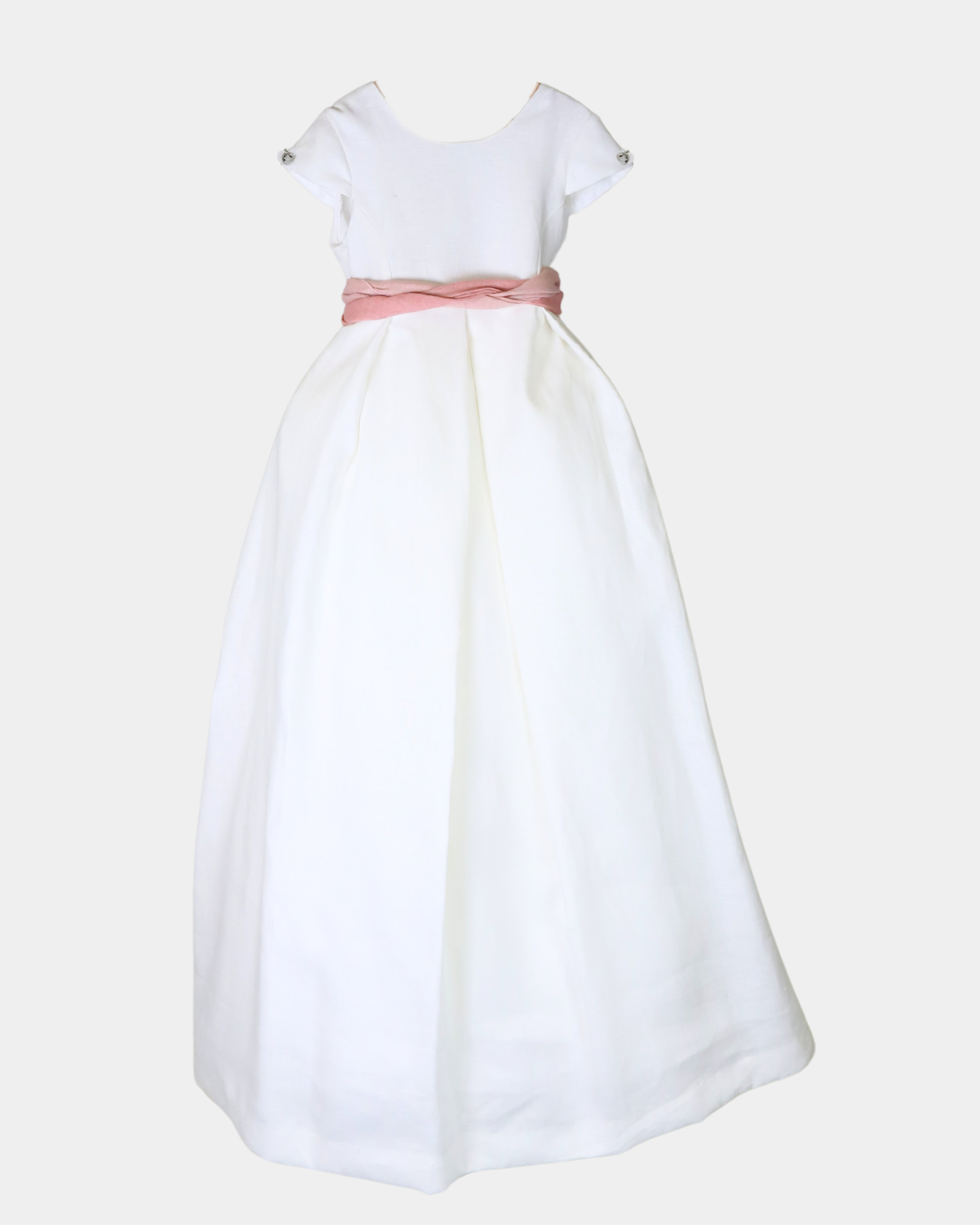 ABITO IN LINO PLISSETTATO CON MANICHE CORTE E 4 FIORI