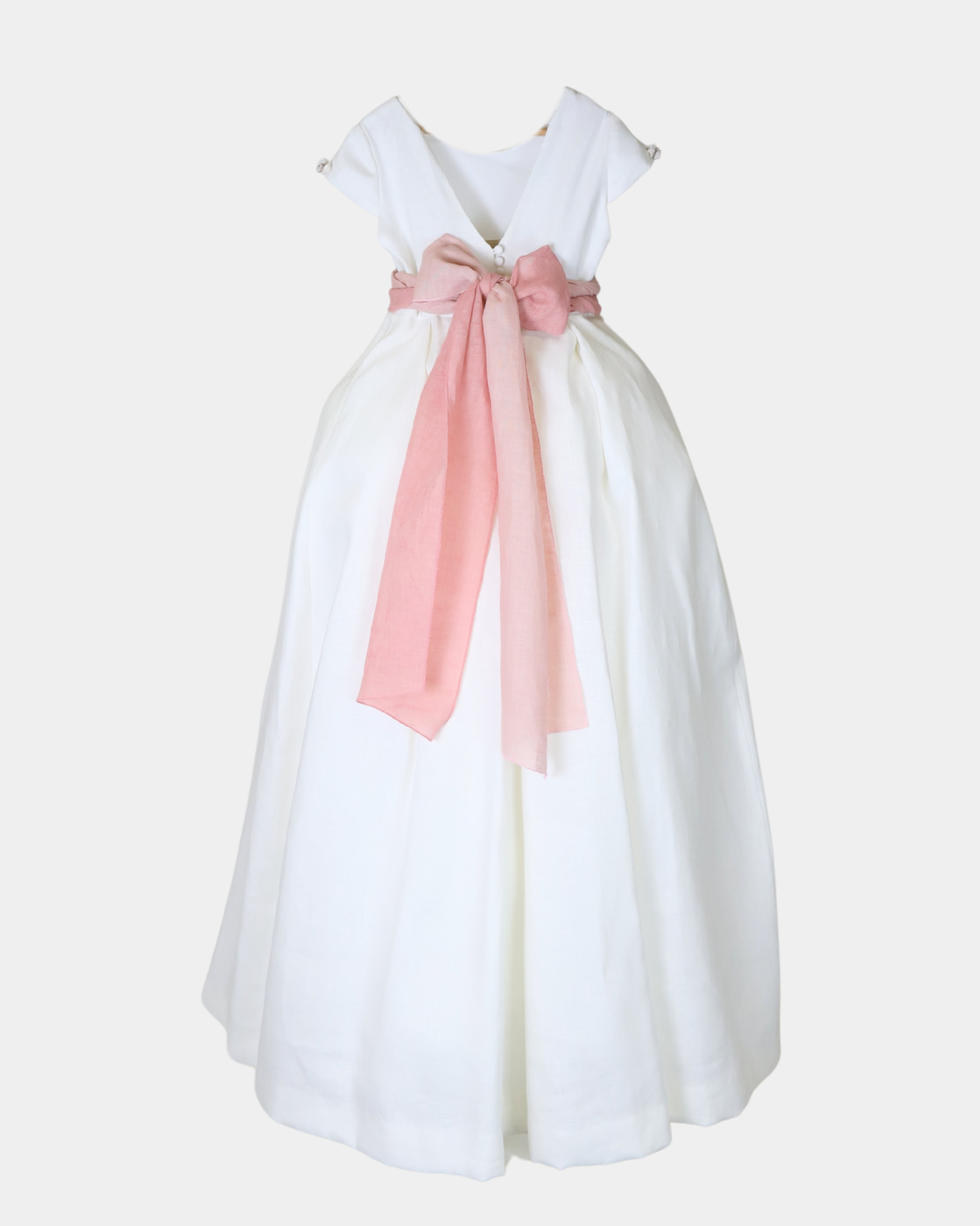 ABITO IN LINO PLISSETTATO CON MANICHE CORTE E 4 FIORI