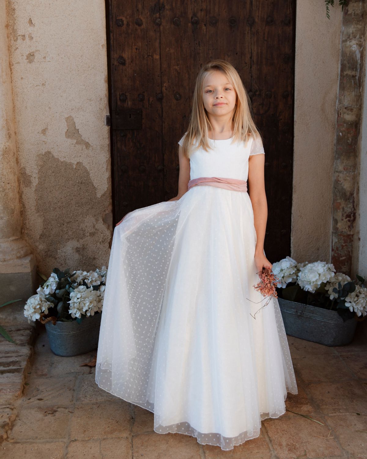 PLEATED DRESS WITH FULL DAISY TULLE OVERLAY