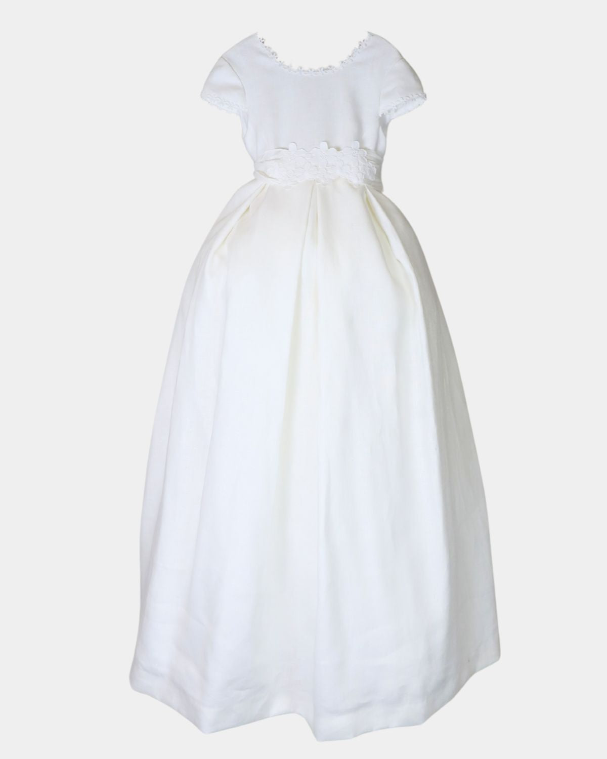 LINEN PLEATED DRESS WITH DAISY EMBROIDERY NECKLINE AND SLEEVES